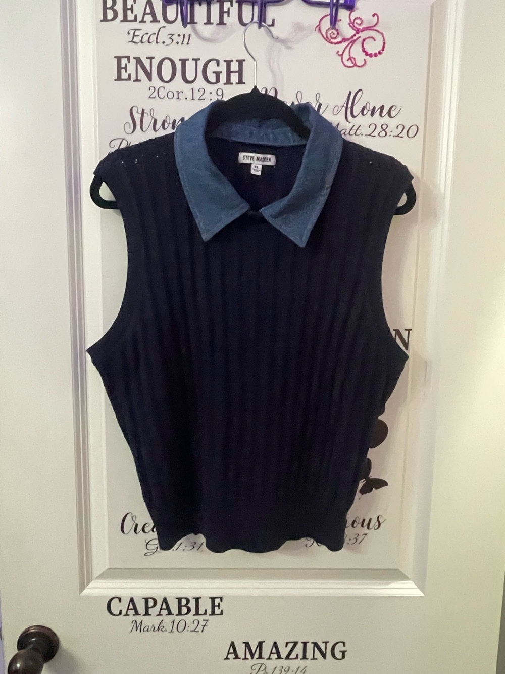 Steve Madden Black Ribbed Sleeveless Tank with Blue Collar